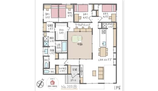 中庭を囲み水回りエリアを集中させた回遊できる平屋間取り【32坪4LDK平屋建】No.202A