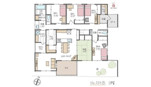 玄関近くで庭に面した親世帯部屋がある完全同居型二世帯住宅の平屋間取り【38坪5LDK平屋建】No.203A