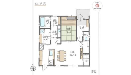 洗面脱衣別で、キッチンと洗面所の間に単独のランドリールームがある間取り【33坪4LDK2階建】No.39B