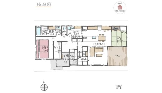 ２階は子供部屋３室で、１階に水回りと主寝室があるほぼ平屋間取り【44坪5LDK2階建】No.52C