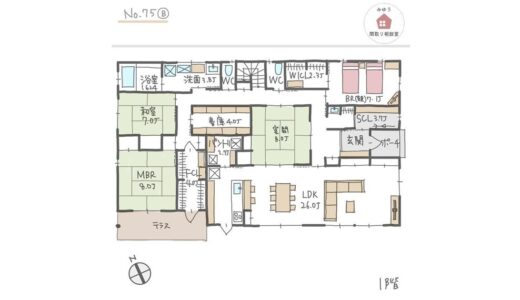 南に広いLDK直線配置のほぼ平屋、完全同居型二世帯住宅間取り【60坪6LDK2階建】No.75B