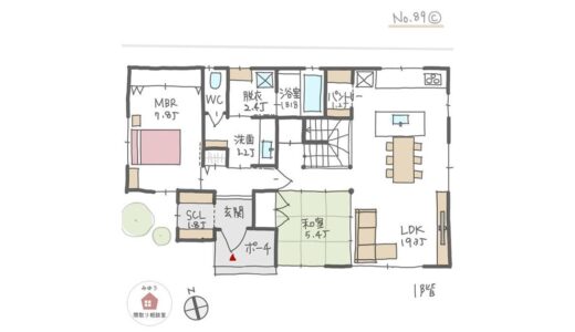 １階に主寝室と和室、２階に４室の個室がある家族が多い家の間取り【44坪6LDK2階建】No.89C